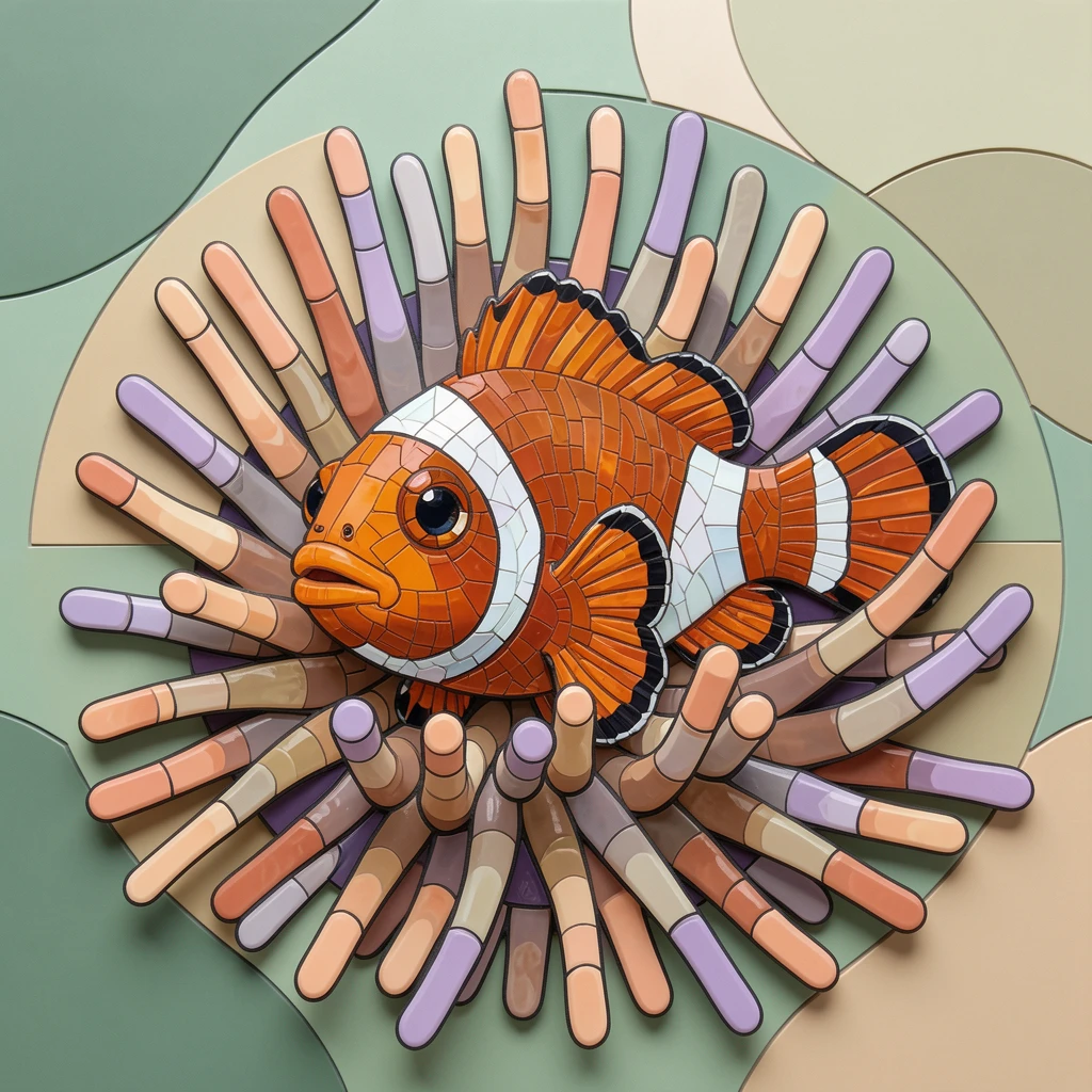 A close-up portrait of a clownfish nestled among the tentacles of a sea anemone, showing rich fur or feather detail and expressive eyes.