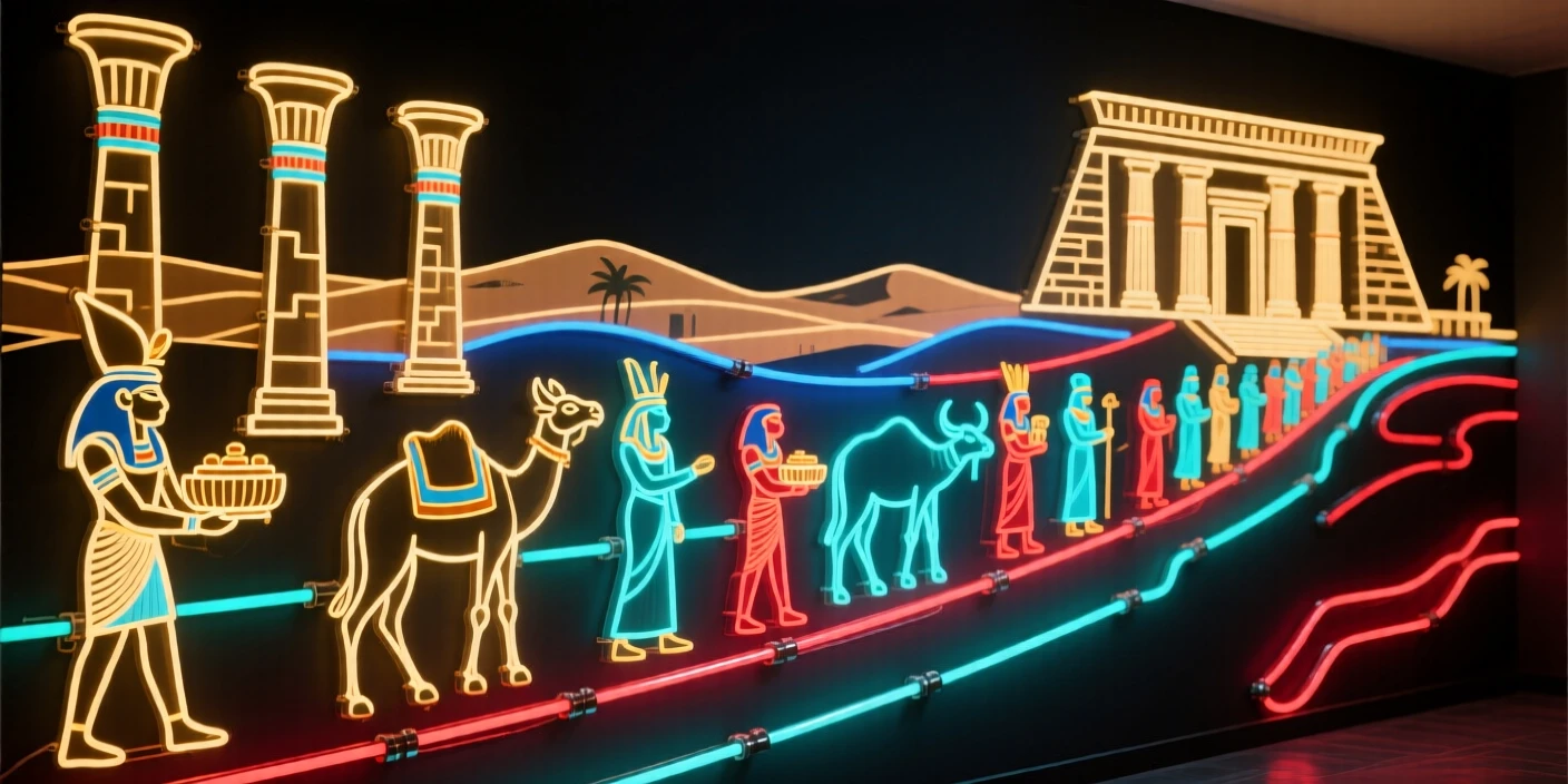 A wide historical scene depicting an Egyptian procession carrying offerings toward a great temple.
