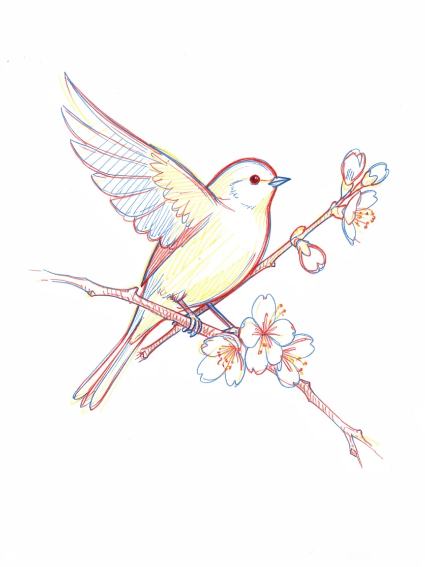 A songbird perched on a blooming cherry branch, wings mid-flutter