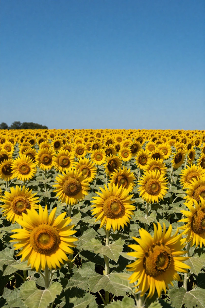 A field of sunflowers stretching endlessly under a blue sky