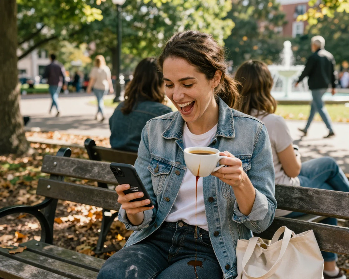 A woman laughs so hard she spills her coffee while reading a text message on a park bench.
