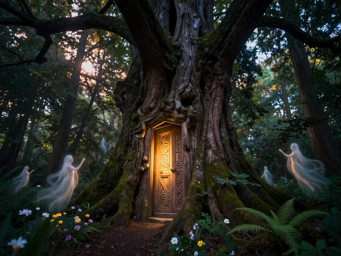 A giant ancient tree with a glowing door carved into its trunk, home to woodland spirits