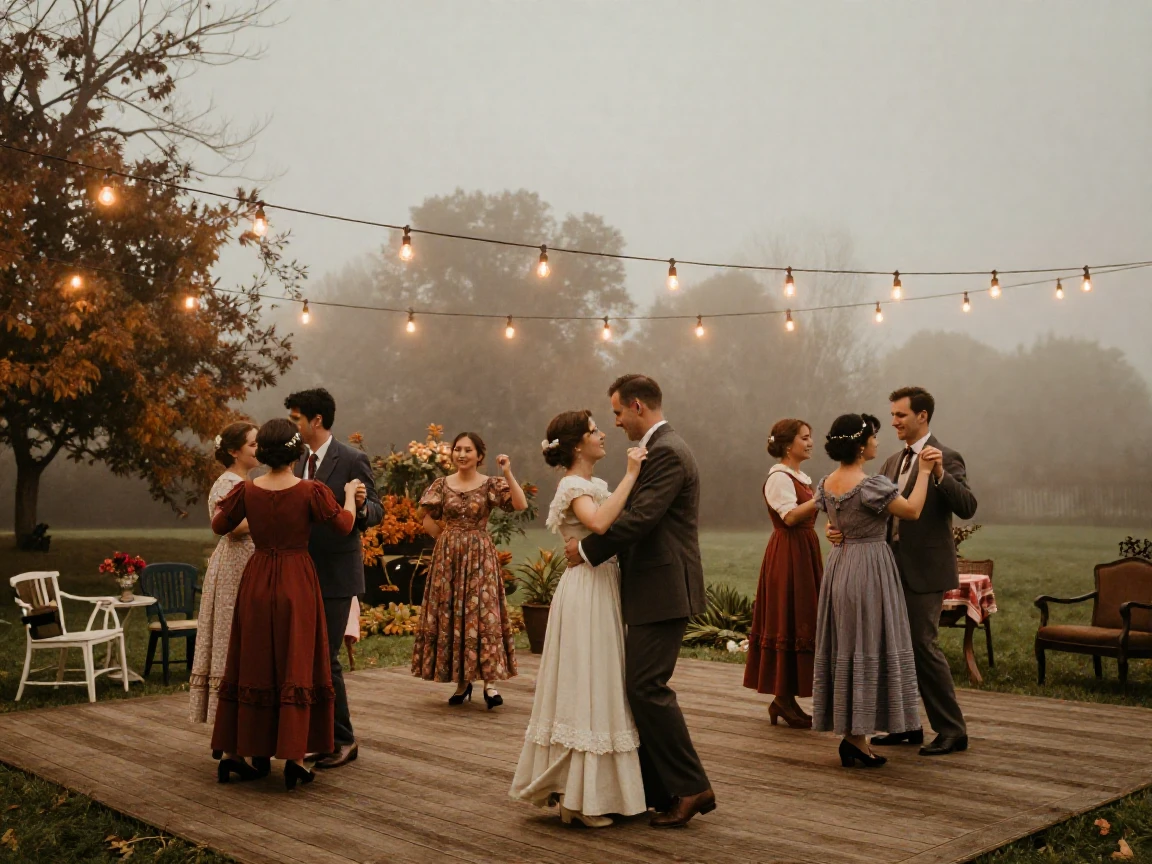 A wedding party dancing beneath strings of warm lights in a garden, under a pale winter sky, in thick rolling fog, in the mild days of early autumn, dominated by warm amber and rust tones, from a wide establishing view.