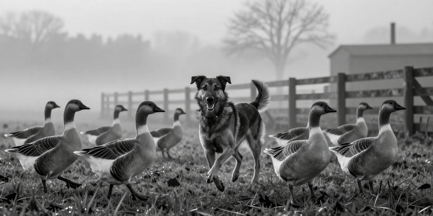 A herding dog rounds up scattered geese on a misty farm morning.
