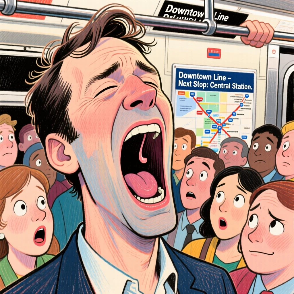 A man mid-yawn on a crowded subway, mouth wide open while everyone stares.