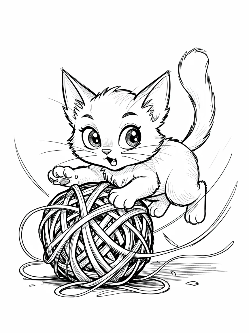 [Cute Animals & Pets] Adorable scene of a curious kitten pouncing on a ball of yarn, bursting with charm and playful energy