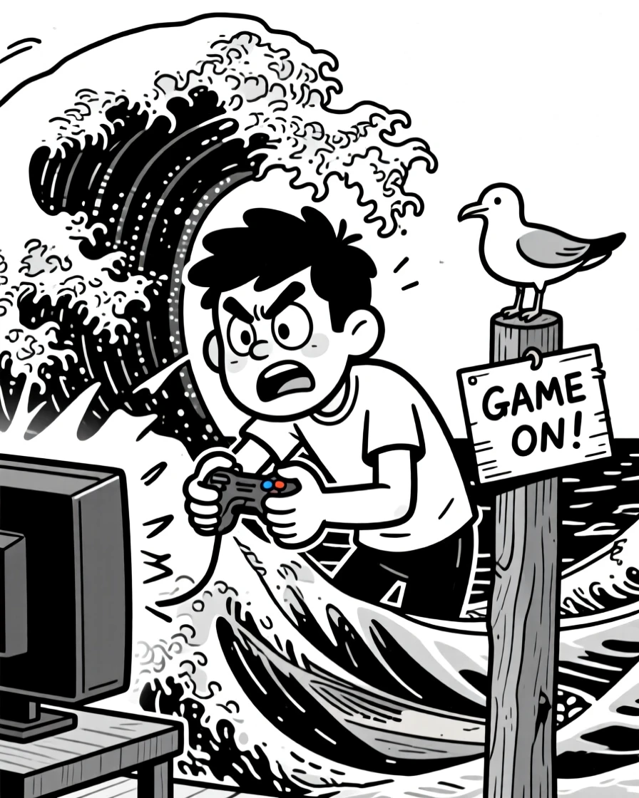 A gamer gripping a controller with intense focus, leaning into the screen as if that alone might win the game, set on a cresting ocean wave. A seagull watches the chaos from a nearby post. It feels like the kind of memory friends laugh about for years.