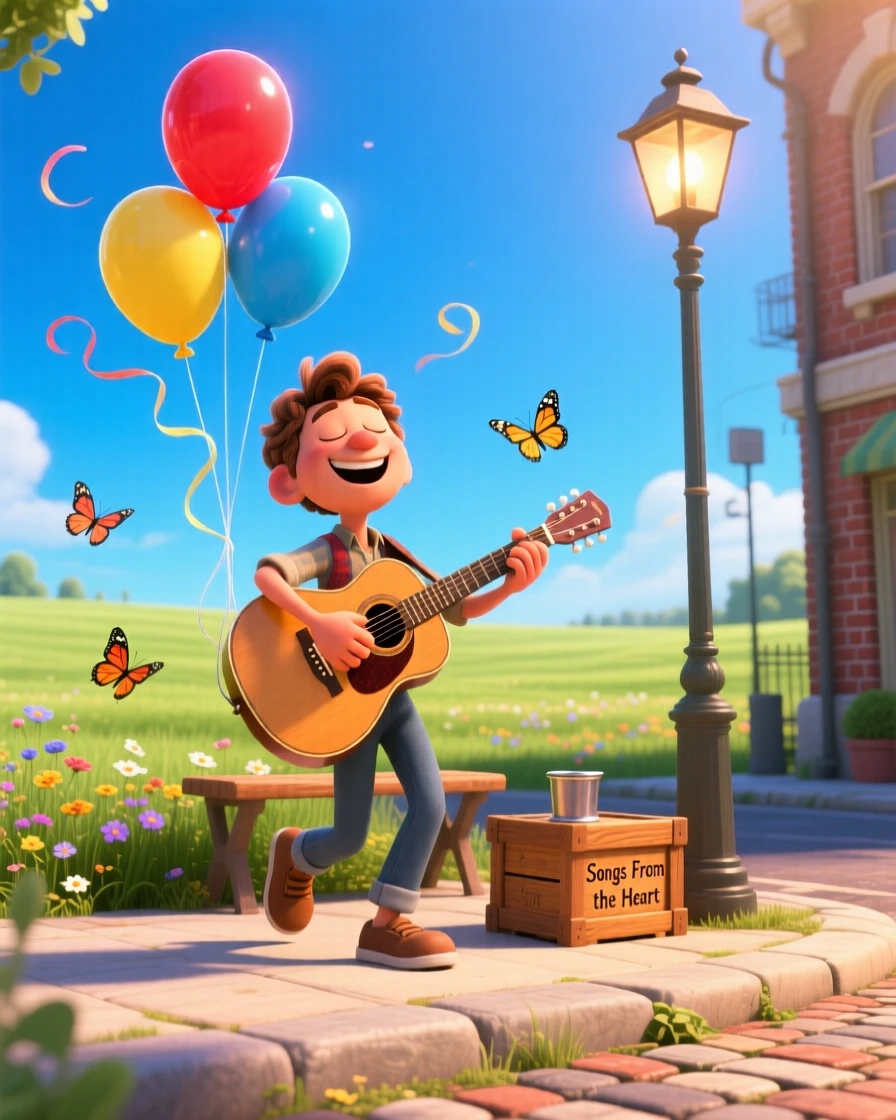 A musician playing joyfully on a street corner unfolds in a wide open field under a bright blue sky, with balloons floating gently upward. The mood is triumphant, warm, and full of love.