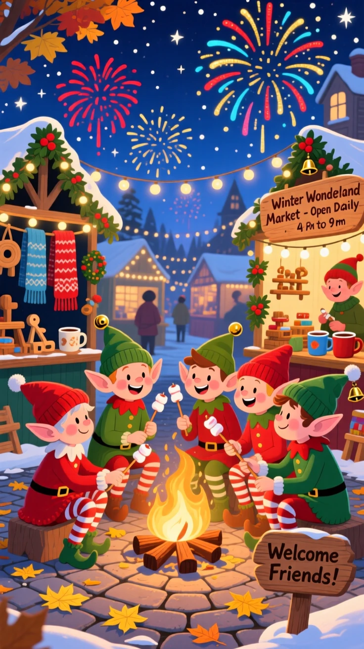 A group of cheerful elves spend the evening gathering around a bonfire on a crisp autumn evening in a sparkling winter market, with fireworks bursting in the sky above.