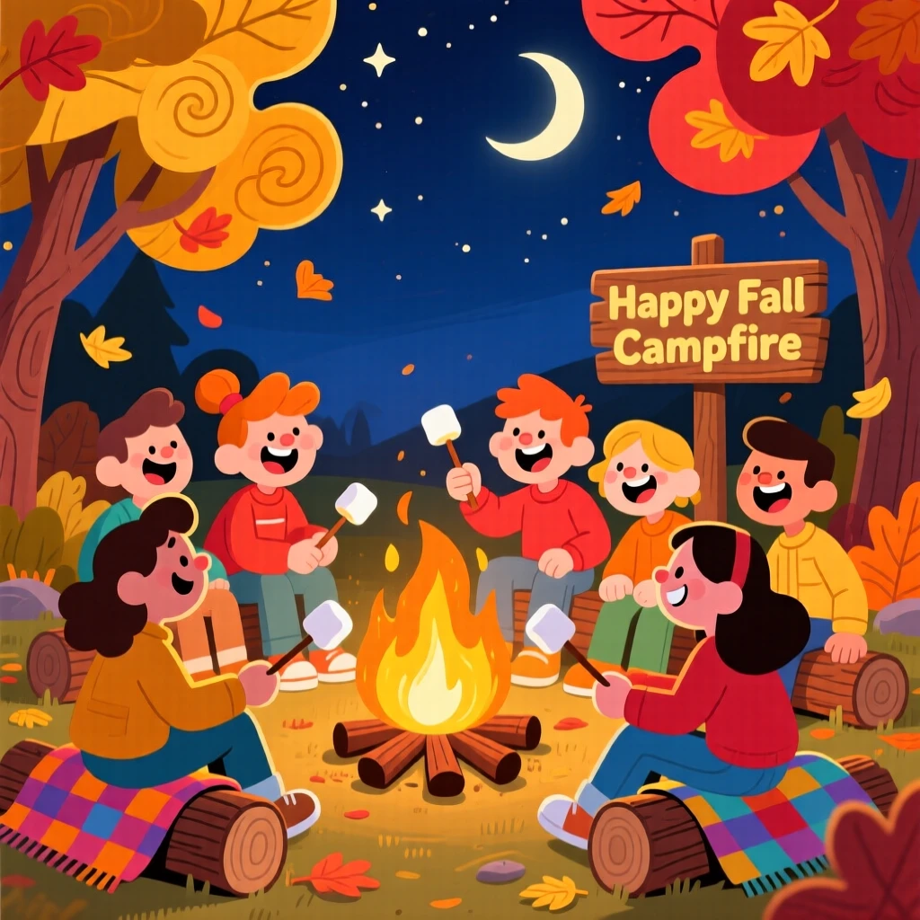 A bonfire surrounded by friends roasting marshmallows in autumn.