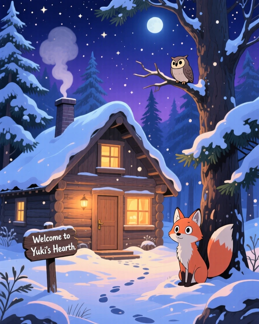 A nighttime scene of a snow-covered cabin glowing warmly against the night sky, hushed and magical.