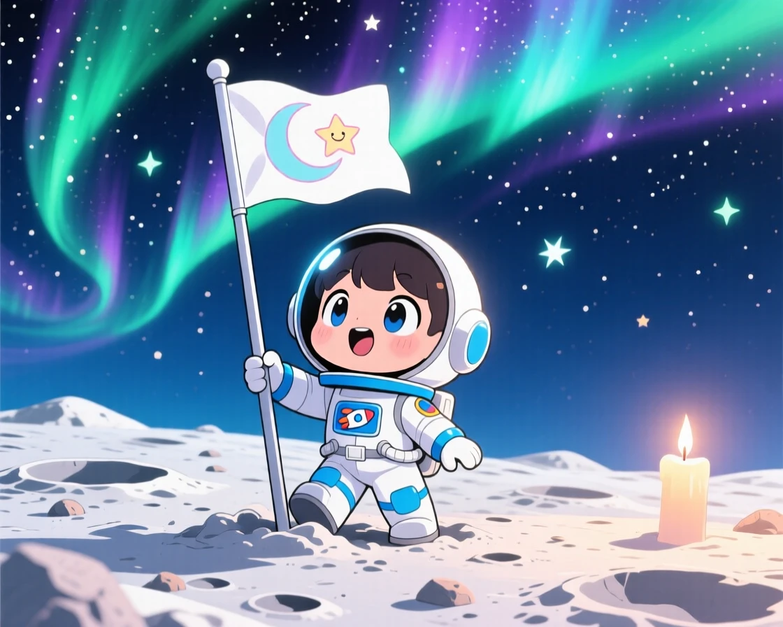 In a starlit lunar landscape, a junior astronaut is planting a flag on a cratered moon surface beneath swirling aurora-lit skies, bathed in gentle candlelight, expression full of curious excitement. Shot as a low-angle shot looking up.
