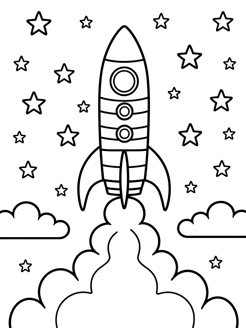 A rocket ship launching into a starry sky with a trail of smoke
