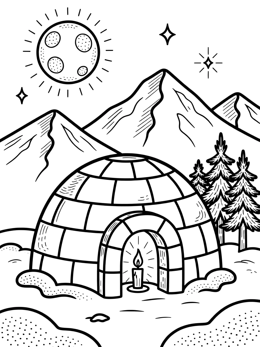An igloo glowing from candlelight inside, a full moon rising behind silhouetted mountains.