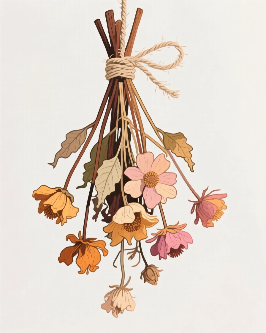 A bundle of dried wildflowers hanging to dry.