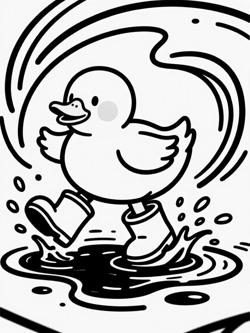 A plump duckling character wearing rain boots, splashing in a puddle.