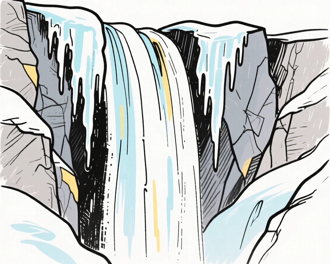 A frozen waterfall with icicles hanging from the rocky cliff.