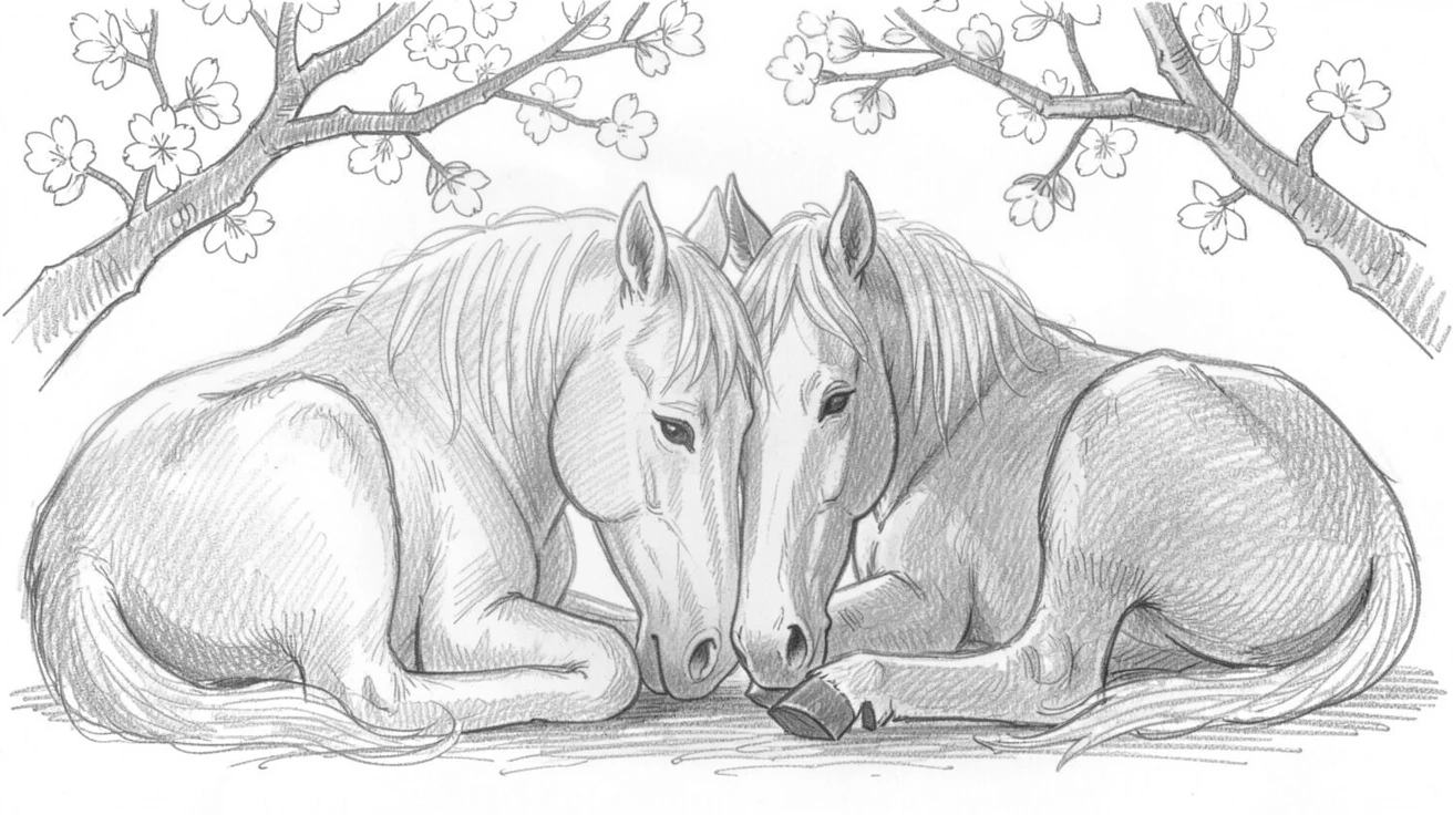 An adorable close-up of a pair of nuzzling horses resting beneath a blooming cherry tree, with fur glowing in the sunset light.