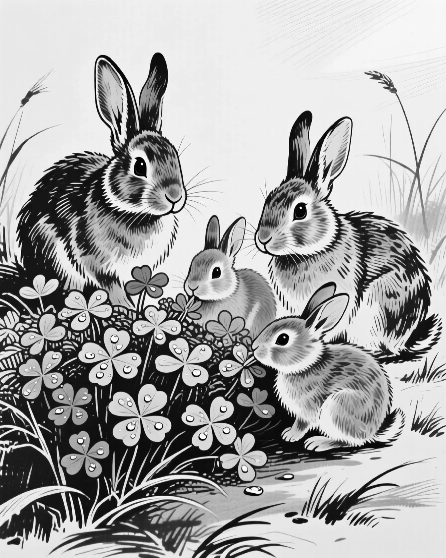 A rabbit family gathered around a patch of clover in early morning dew.
