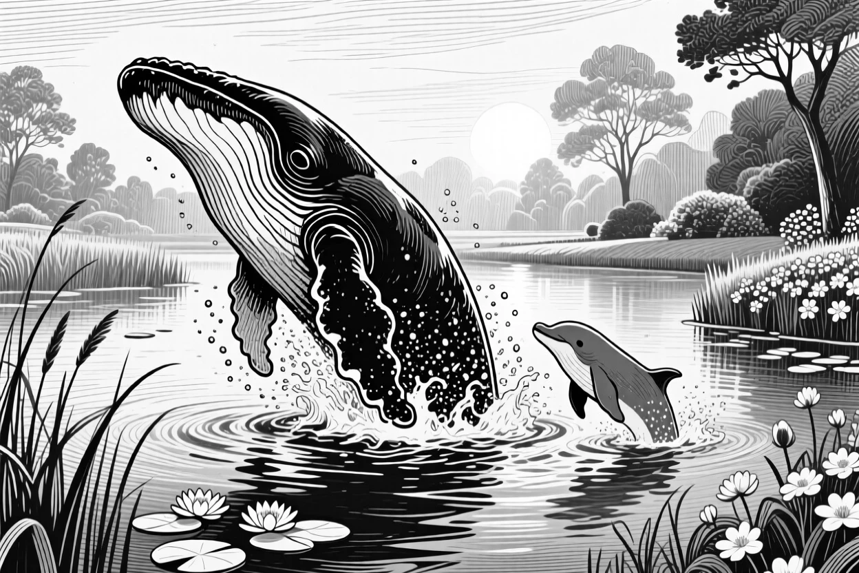 A whale breaching the surface in a garden at first light, with its young close beside it, capturing a joyfully alive moment in nature with a strong, centered focal point.