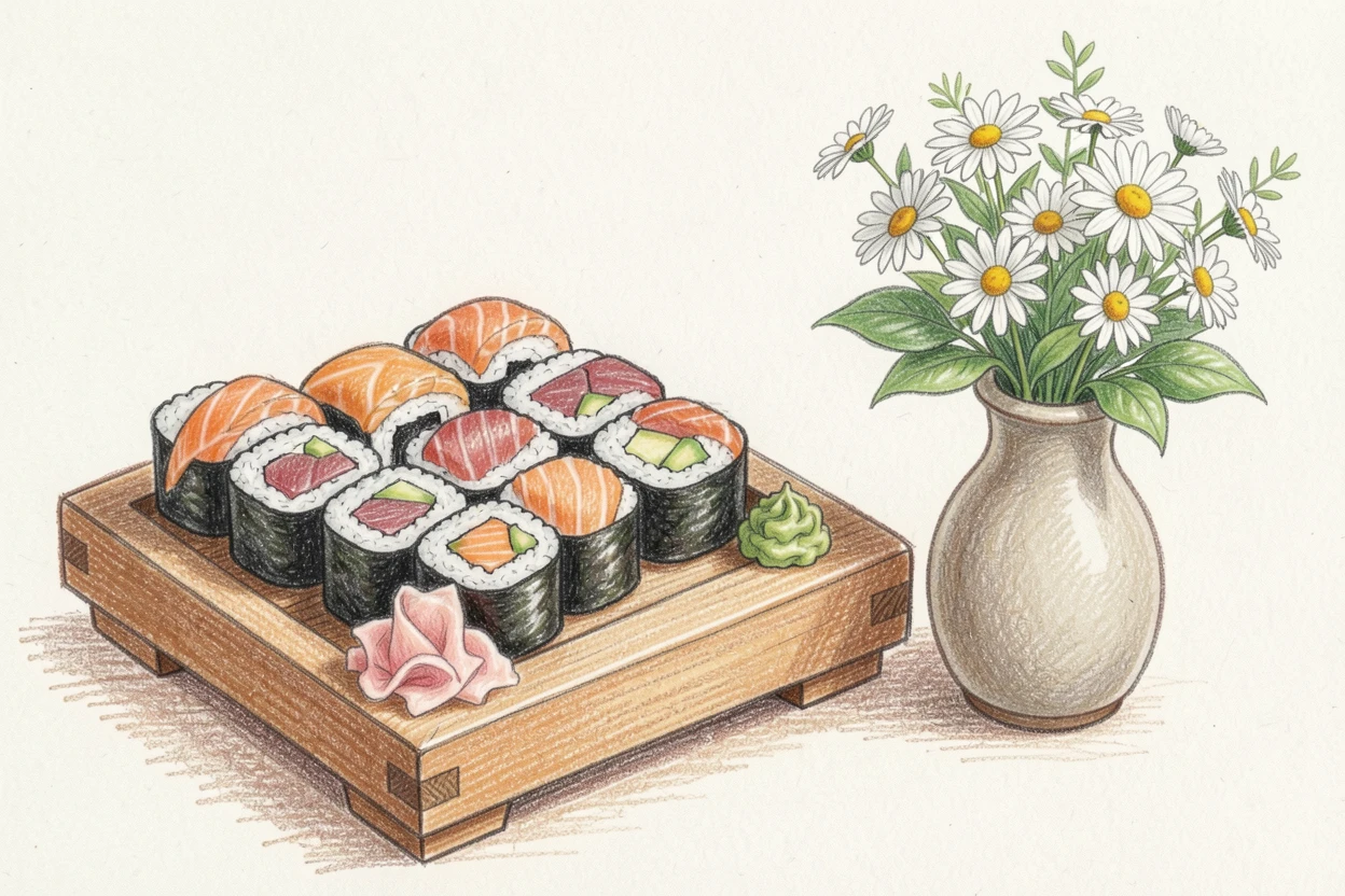 A tray of fresh sushi rolls arranged with pickled ginger and wasabi, set beside a small vase of fresh flowers, evoking comfort, warmth, and the simple pleasure of good food.