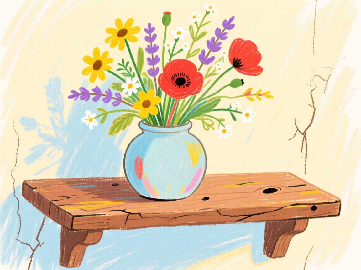 A vase of wildflowers displayed on an antique shelf.