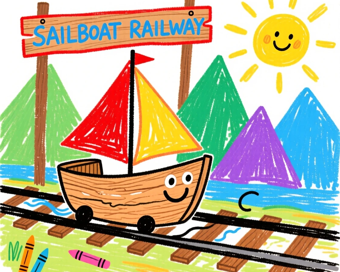 A classic wooden sailboat chugging along tracks beside a mountain range.