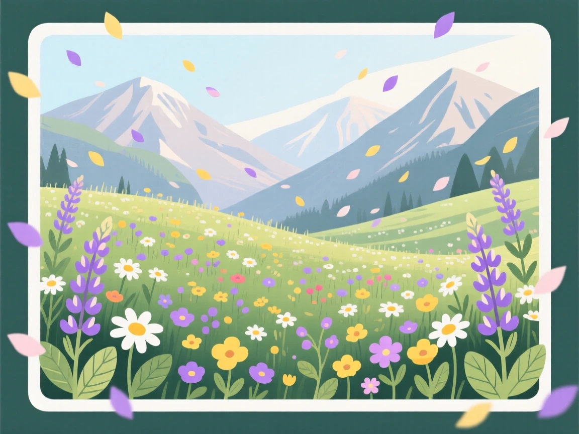 A serene mountain meadow dotted with grazing wildflowers, surrounded by drifting petals in the breeze, framed symmetrically to create a calm, balanced feel, with delicate textures visible in every leaf and petal.