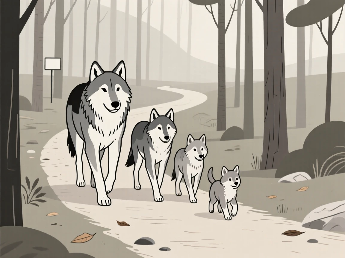 A family of wolves walking together along a quiet forest trail.