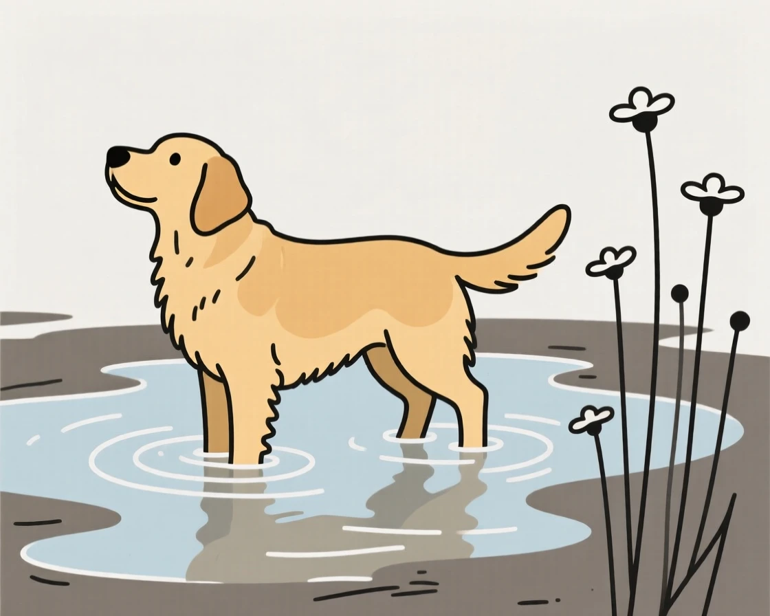 A golden retriever pausing to look around in a tide pool at low tide, near tall wildflowers, giving off a sense of playful energy.