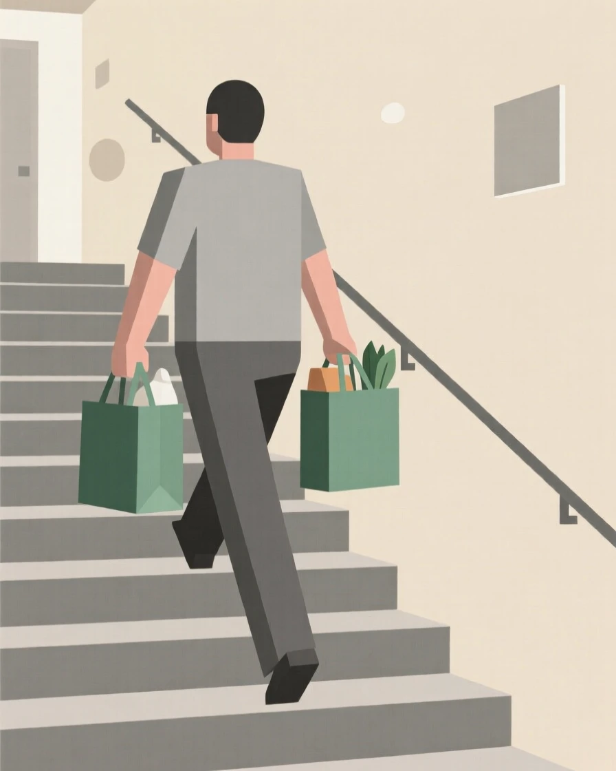 A man carrying groceries up an apartment stairwell