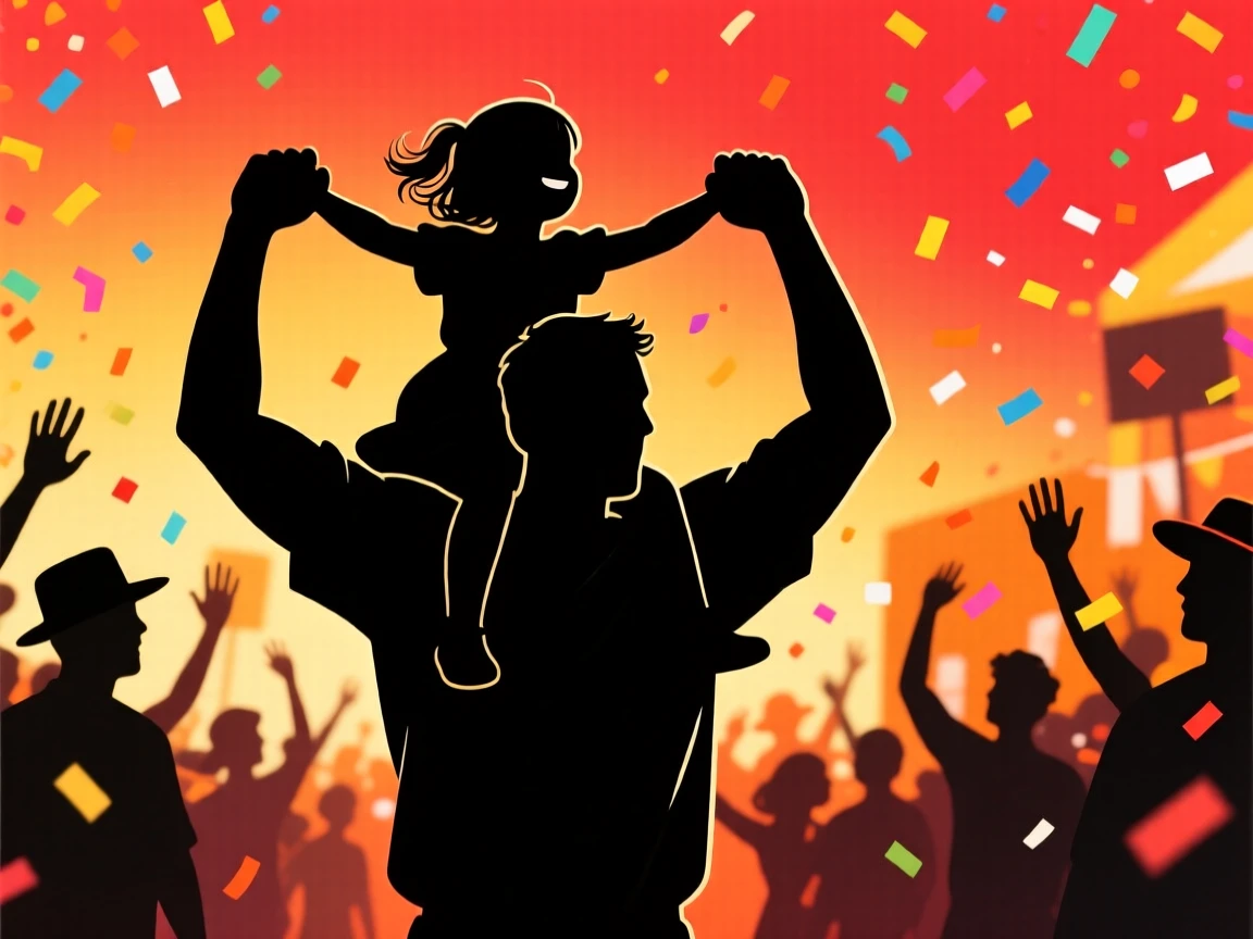 A father lifting his young daughter onto his shoulders at a crowded parade.