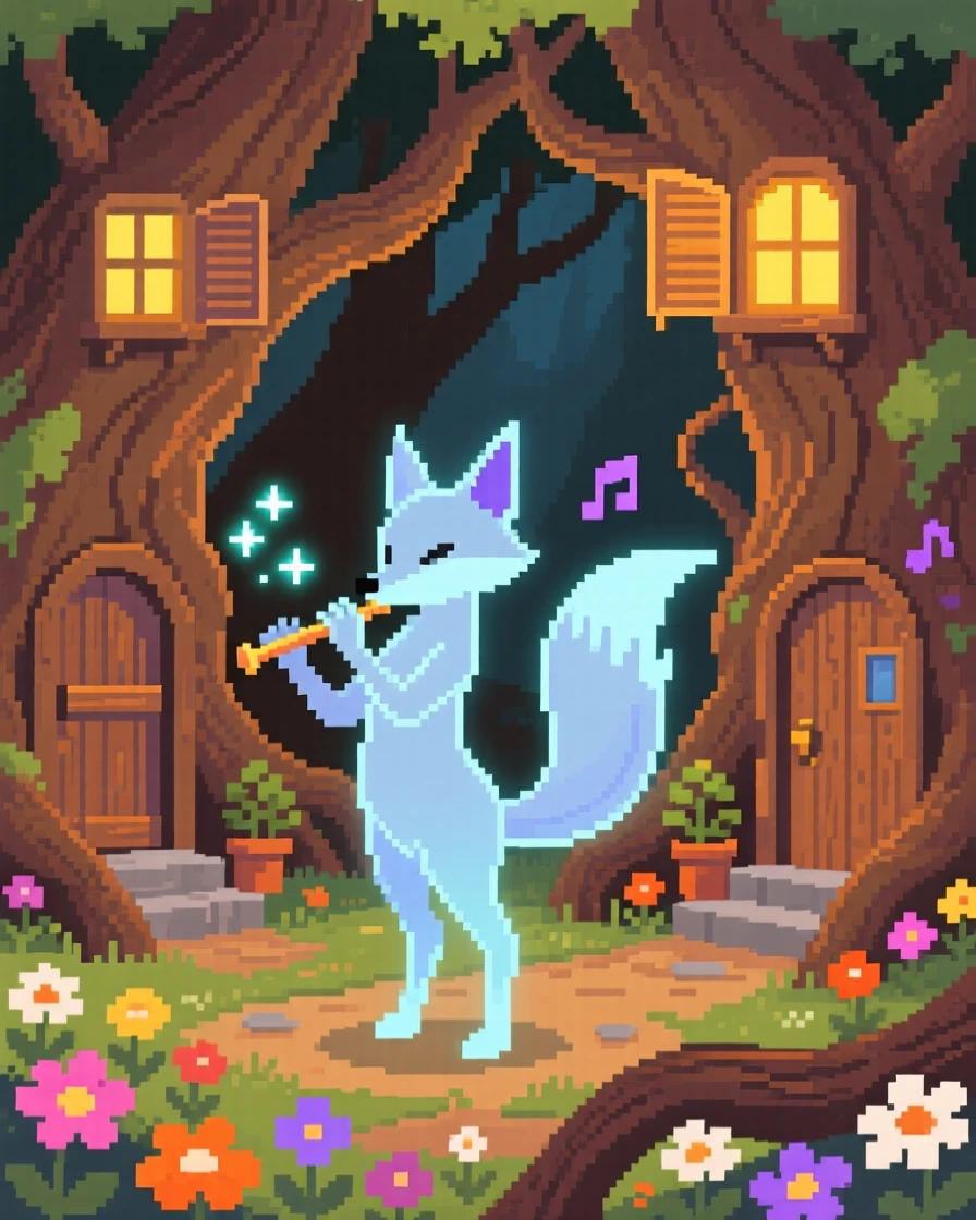 A shapeshifting fox spirit playing music that makes flowers bloom, in a village built into giant tree roots.