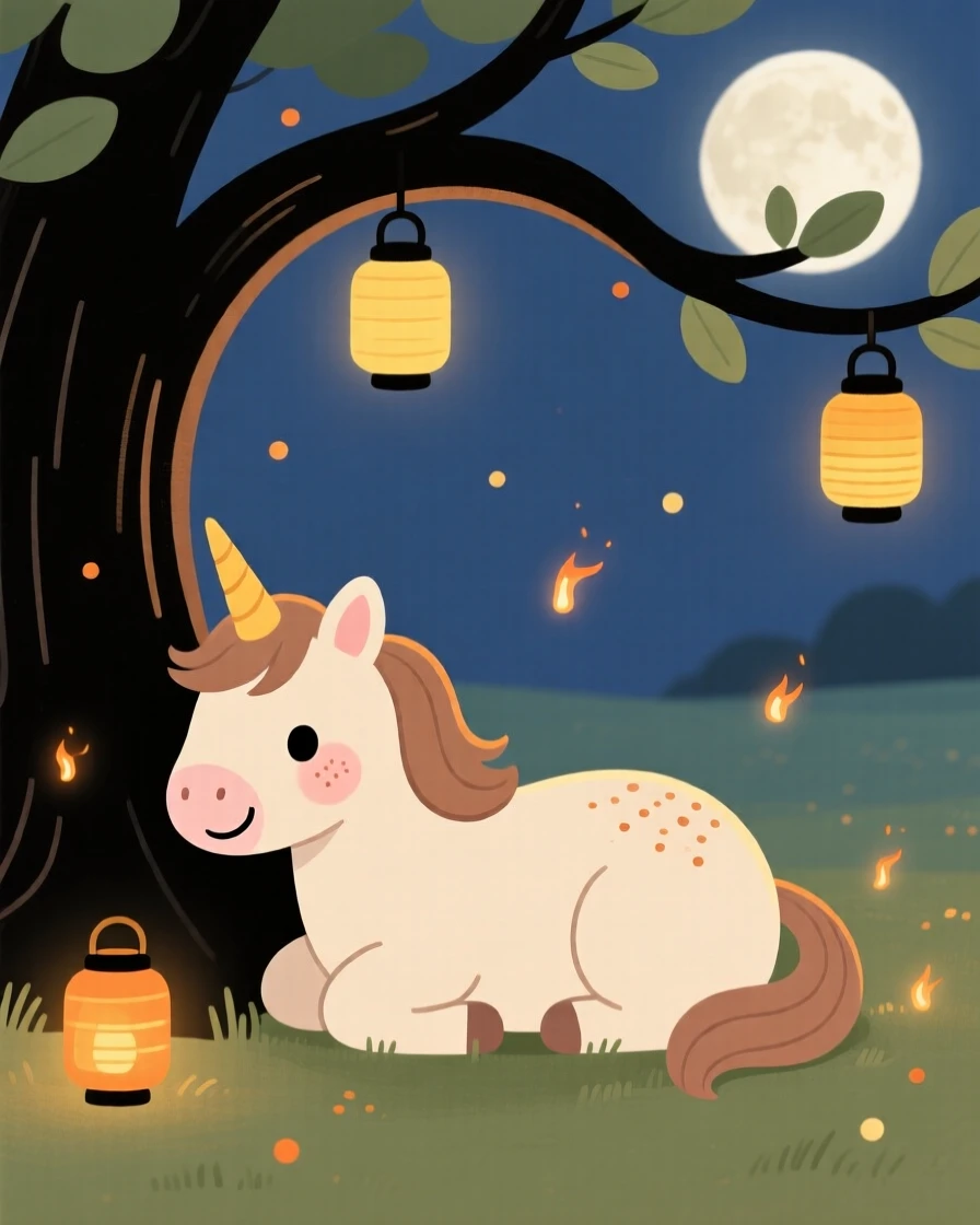 A unicorn foal rests beneath a tree hung with lanterns in an moonlit clearing, surrounded by tiny sparkling embers that drifts gently through the air.