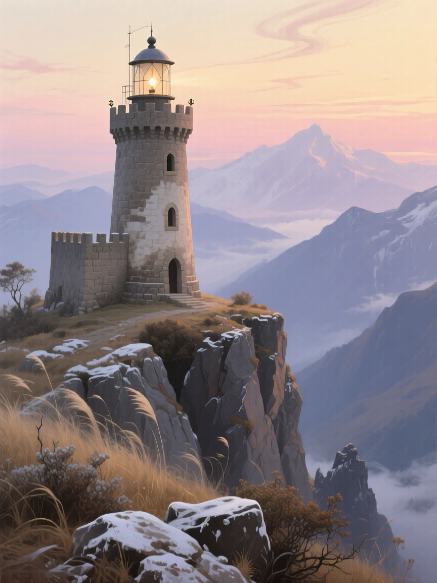 A well-framed scene of a lighthouse standing sentinel on a rocky windswept point, in the Himalayas, in medieval times, at dawn.