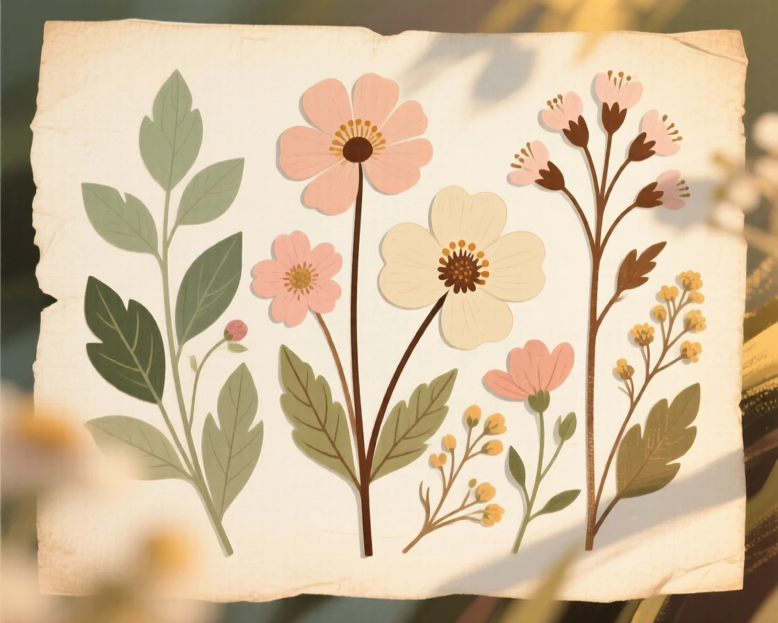 A collection of pressed wildflowers mounted on aged paper