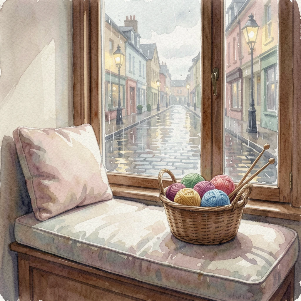 A window seat overlooking a rainy street with a basket of yarn and knitting needles.