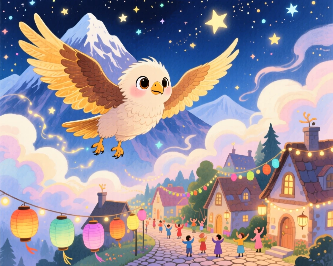 A curious baby griffin soaring above a village during a starlit festival, in a mystical mountain peak wrapped in clouds, brimming with magical warmth and beauty.