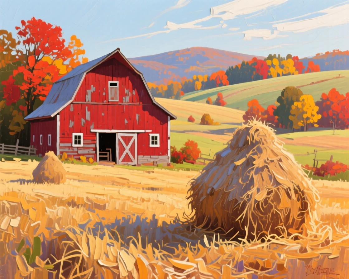 a red barn beyond rolling hay fields, on a crisp autumn morning, with a clear foreground, subject, and distant setting.