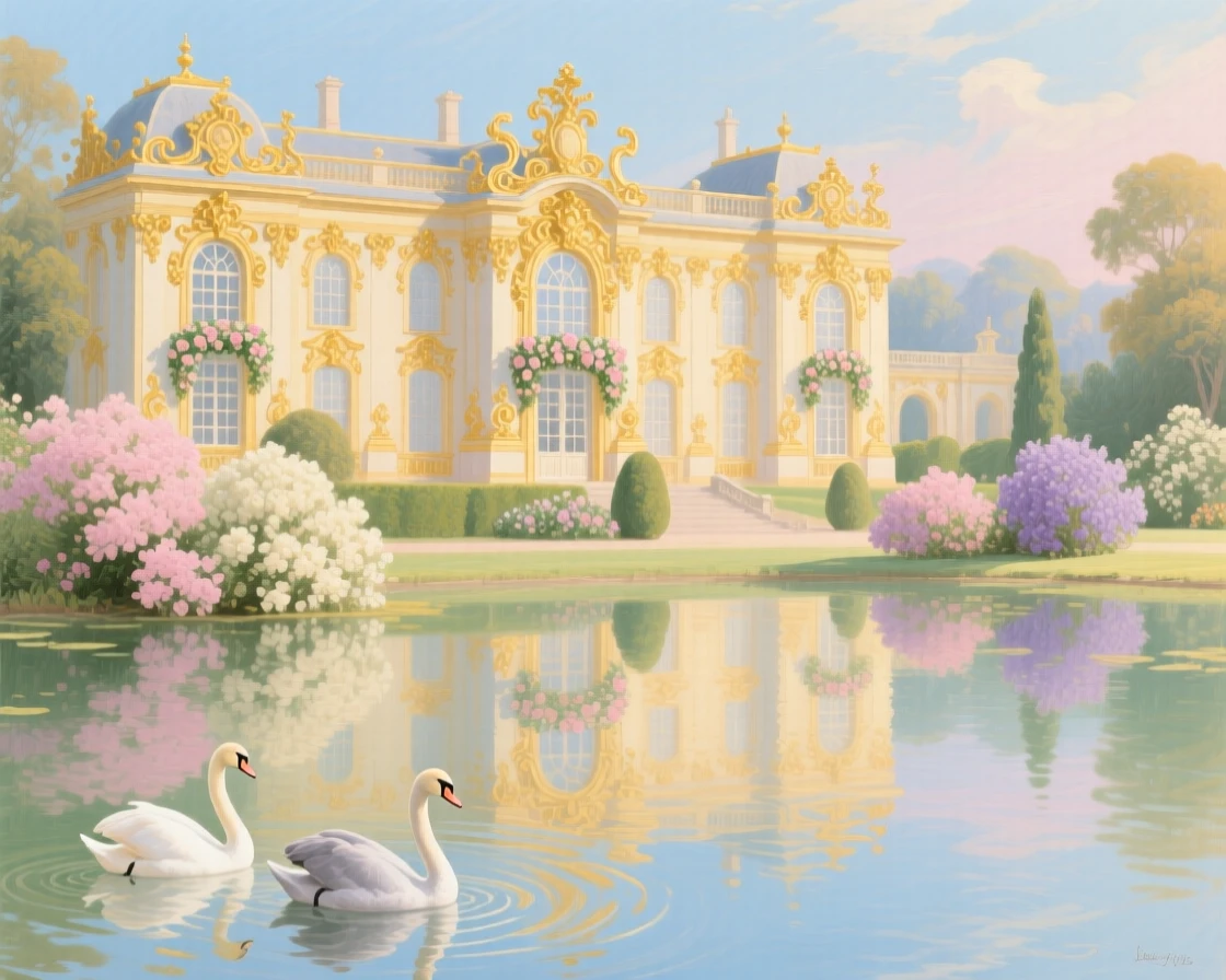 A golden palace reflected in a lake inhabited by graceful swans  