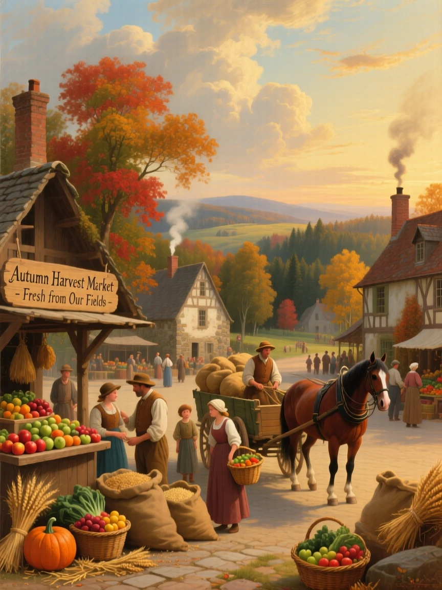 Farmers bring their harvest to market in a bustling village square.