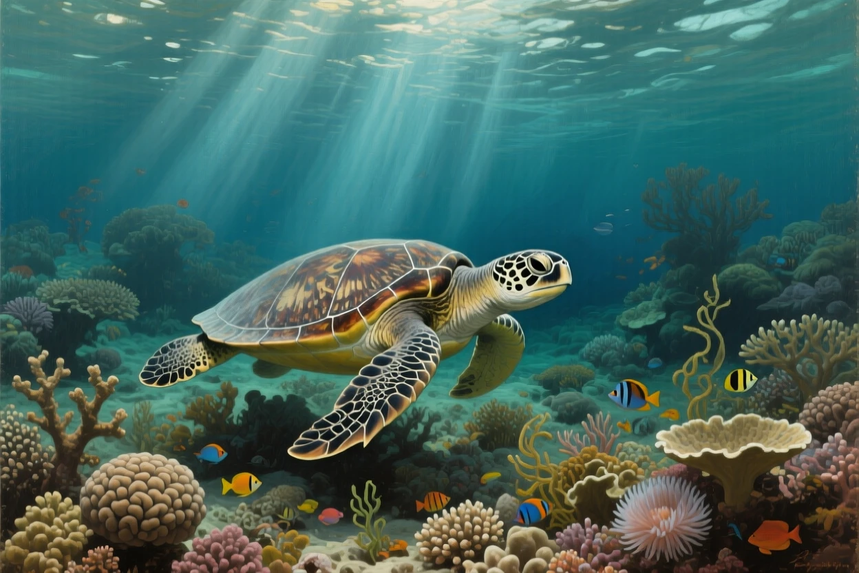 A sea turtle gliding gracefully through a coral reef, framed against a vast and dramatic natural backdrop, designed to feel both intimate and awe-inspiring