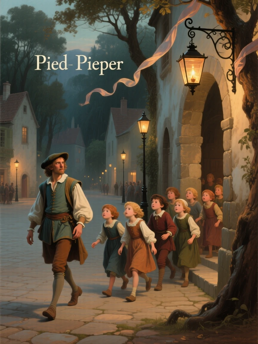 The pied piper leading enchanted children through a village square as the audience holds its breath in anticipation, set within an enchanted forest clearing bathed in soft light, with lanterns swaying gently and silk ribbons catching the breeze; receding archways create a sense of stepping into another world, evoking nostalgia, wonder, and the timeless magic of storytelling.