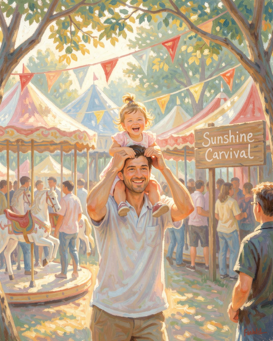 A father lifting his laughing daughter onto his shoulders at a sunlit carnival.