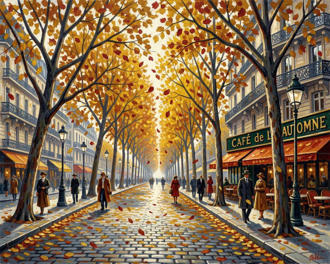 A grand Parisian boulevard in autumn, chestnut trees shedding golden leaves onto the pavement.