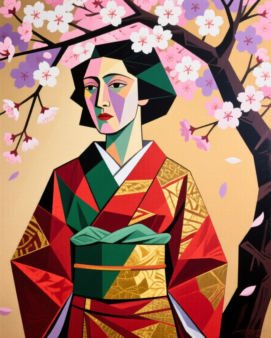 A woman in a vibrant silk kimono standing beneath blooming cherry blossoms.