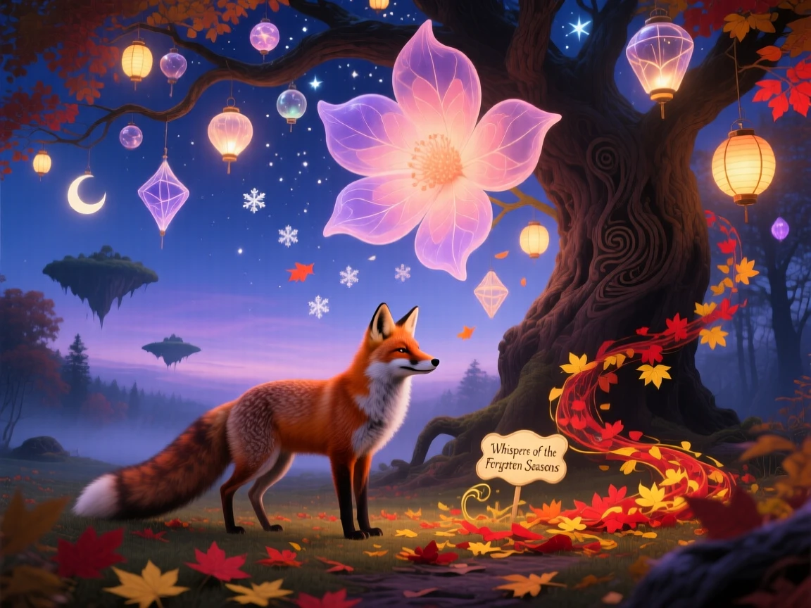 A fox whose tail unfurls into a trail of autumn leaves pauses beneath a tree hung with glowing lanterns, as flower petals fall gently from a clear sky.