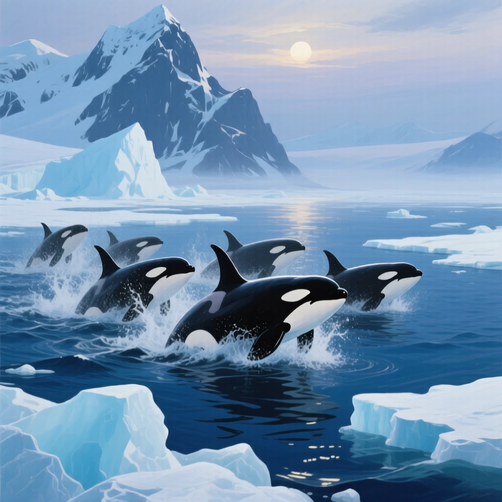 A dramatic Arctic seascape shows a pod of orcas breaching near floating sea ice, mountains rising in the distance under a pale midnight sun, a faint haze softening the far horizon while nearer details remain crisp and vivid.