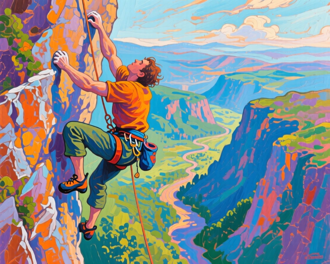 A climber dangling from a sheer rock face, gripping tightly as the valley stretches far below