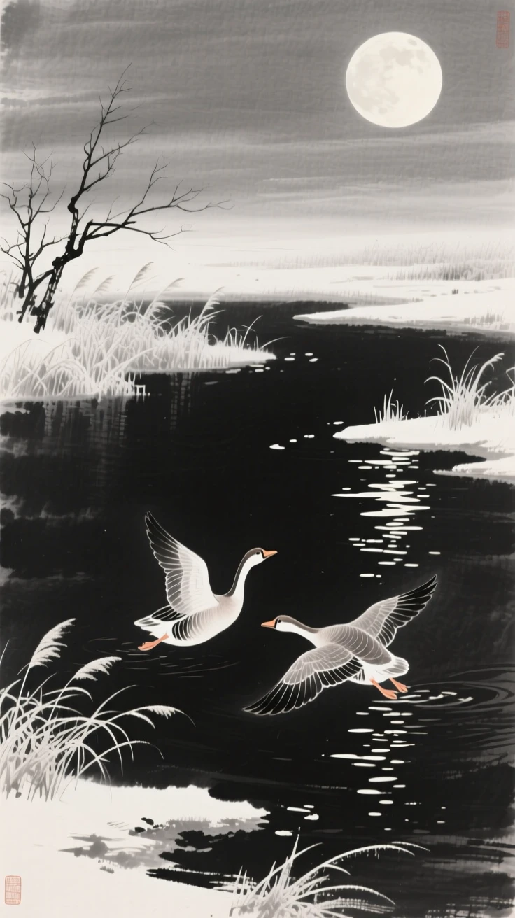A pair of geese glide low over a moonlit river, over a landscape dusted with the season's first frost.